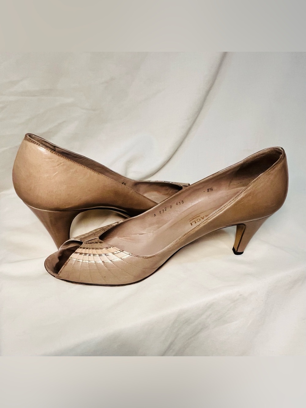 Bruno Magli - Leather Beige Peep Toe Pumps, Gold Detailing - Size 8.5 N
